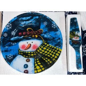 Vintage Snowman Christmas Holiday Glass Platter and Server set